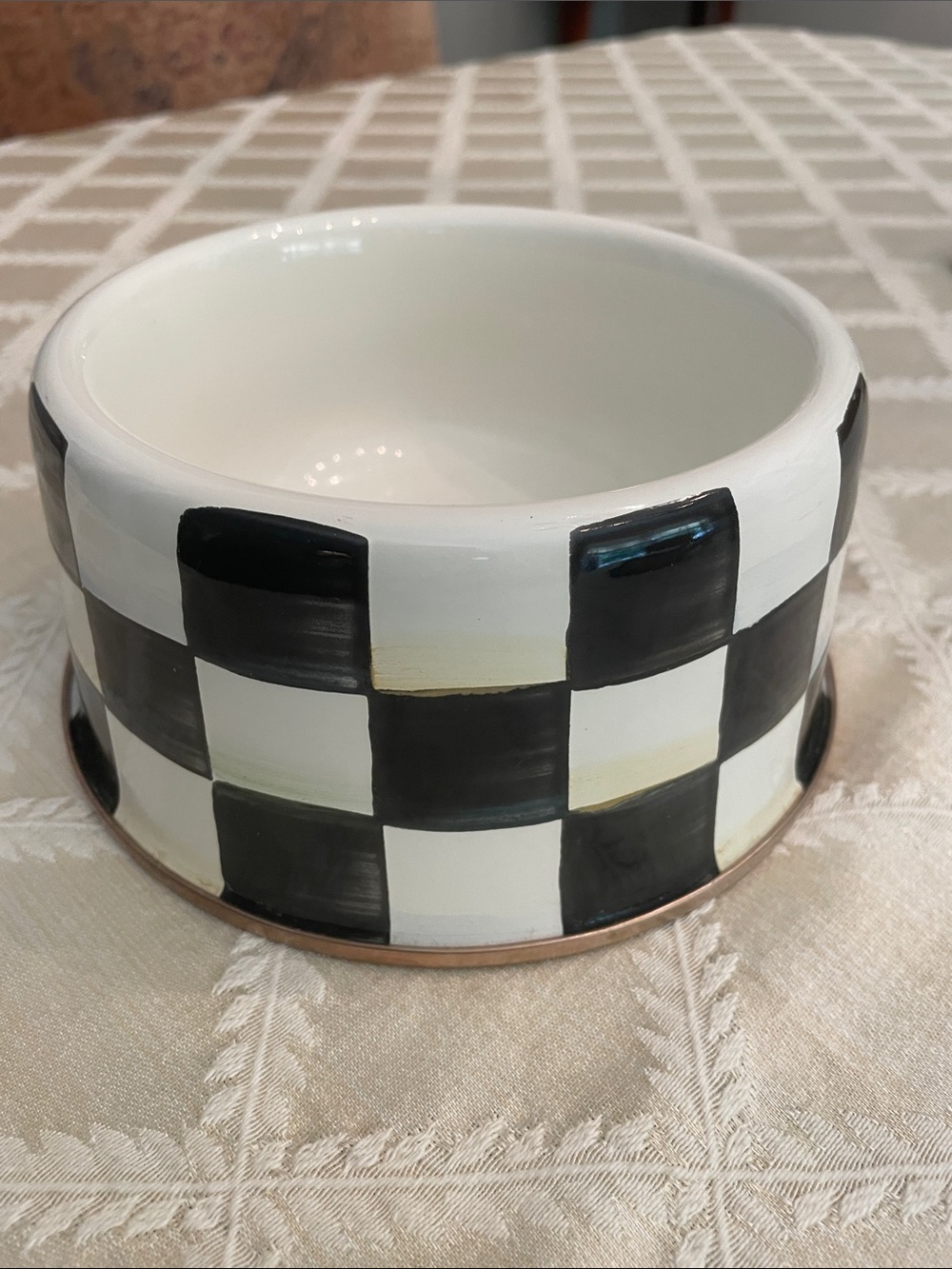 SOLD—MacKenzie-Childs Black and White Checkered Ceramic Dog Bowl